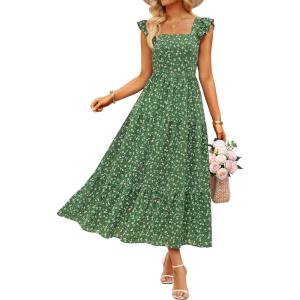 ZESICA Women’s Summer Boho Floral Midi Dress 2026 Casual Ruffle Cap Sleeve Beach Wedding Guest Flowy Tiered Long Dresses(Grassgreen)