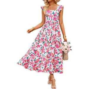 ZESICA Women’s Summer Boho Floral Midi Dress 2026 Casual Ruffle Cap Sleeve Beach Wedding Guest Flowy Tiered Long Dresses(Rose)