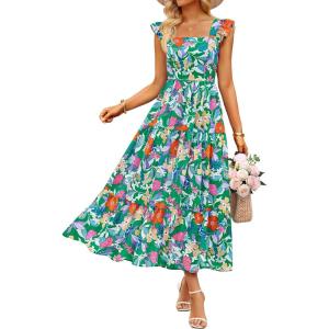 ZESICA Women’s Summer Boho Floral Midi Dress 2026 Casual Ruffle Cap Sleeve Beach Wedding Guest Flowy Tiered Long Dresses(Turquoise)
