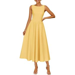 ZESICA Women’s Summer Elegant Sleeveless Midi Dresses 2026 Wedding Guest Cocktail Party Crewnenck Flowy A Line Long Dress(Yellow)
