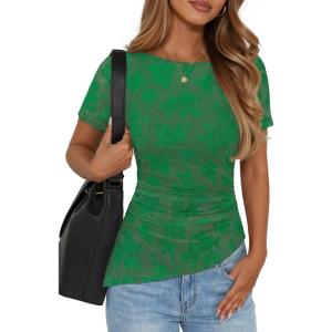ZESICA Women’s Summer Floral Short Sleeve Tops 2026 Mesh Crewneck Asymmetrical Ruched Fitted Going Out Shirts Y2K Clothes(Green)