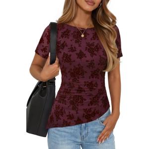 ZESICA Women’s Summer Floral Short Sleeve Tops 2026 Mesh Crewneck Asymmetrical Ruched Fitted Going Out Shirts Y2K Clothes(Wine)