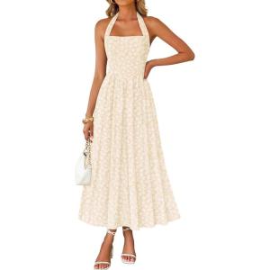 ZESICA Women’s Summer Sleeveless Floral Maxi Dresses 2026 Halter Neck Wedding Guest Cocktail Party Flowy A Line Long Dress(Apricot)