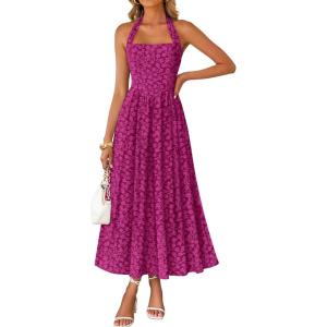ZESICA Women’s Summer Sleeveless Floral Maxi Dresses 2026 Halter Neck Wedding Guest Cocktail Party Flowy A Line Long Dress(Eggplant)