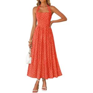 ZESICA Women’s Summer Sleeveless Floral Maxi Dresses 2026 Halter Neck Wedding Guest Cocktail Party Flowy A Line Long Dress(Orangered)