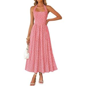 ZESICA Women’s Summer Sleeveless Floral Maxi Dresses 2026 Halter Neck Wedding Guest Cocktail Party Flowy A Line Long Dress(Pink)