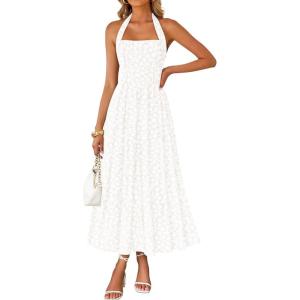 ZESICA Women’s Summer Sleeveless Floral Maxi Dresses 2026 Halter Neck Wedding Guest Cocktail Party Flowy A Line Long Dress(White)