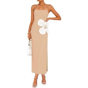 ZESICA Women’s Summer Strapless Bodycon Maxi Dress 2026 Ribbed Knit Backless Floral Tube Cocktail Party Long Dresses(Apricot)