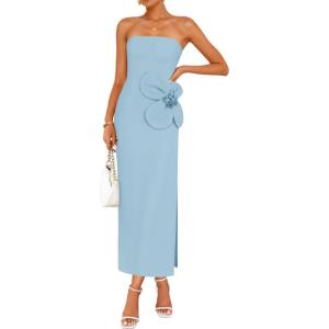 ZESICA Women’s Summer Strapless Bodycon Maxi Dress 2026 Ribbed Knit Backless Floral Tube Cocktail Party Long Dresses(Blue)
