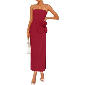 ZESICA Women’s Summer Strapless Bodycon Maxi Dress 2026 Ribbed Knit Backless Floral Tube Cocktail Party Long Dresses(Dark Red)