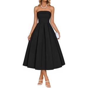 ZESICA Women’s Summer Strapless Cocktail Dresses 2026 Elegant Off Shoulder Flowy A Line Wedding Guest Party Midi Dress(Black)