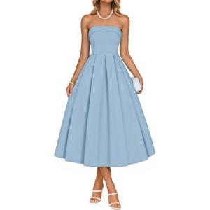 ZESICA Women’s Summer Strapless Cocktail Dresses 2026 Elegant Off Shoulder Flowy A Line Wedding Guest Party Midi Dress(Blue)