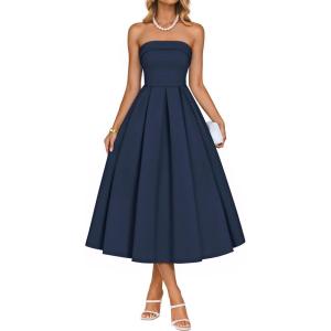ZESICA Women’s Summer Strapless Cocktail Dresses 2026 Elegant Off Shoulder Flowy A Line Wedding Guest Party Midi Dress(Navy)