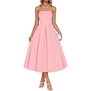 ZESICA Women’s Summer Strapless Cocktail Dresses 2026 Elegant Off Shoulder Flowy A Line Wedding Guest Party Midi Dress(Pink)