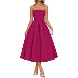 ZESICA Women’s Summer Strapless Cocktail Dresses 2026 Elegant Off Shoulder Flowy A Line Wedding Guest Party Midi Dress(Rose)