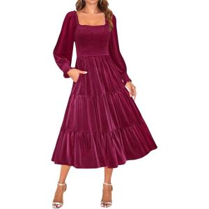 ZESICA Women’s Velvet Long Sleeve Dresses 2026 Winter Square Neck Smocked Ruffle A Line Flowy Cocktail Party Midi Dress(Burgundy)