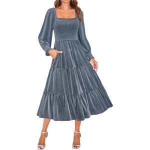 ZESICA Women’s Velvet Long Sleeve Dresses 2026 Winter Square Neck Smocked Ruffle A Line Flowy Cocktail Party Midi Dress(Dusty Blue)