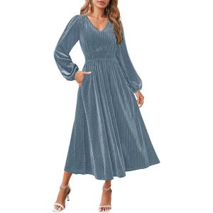 ZESICA Women’s Velvet Midi Dress 2026 Casual V Neck Long Sleeve Solid Color Elastic High Waist Flowy Evening Party Dresses(Grey Blue)