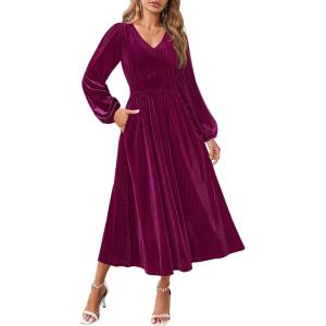 ZESICA Women’s Velvet Midi Dress 2026 Casual V Neck Long Sleeve Solid Color Elastic High Waist Flowy Evening Party Dresses(Plum)