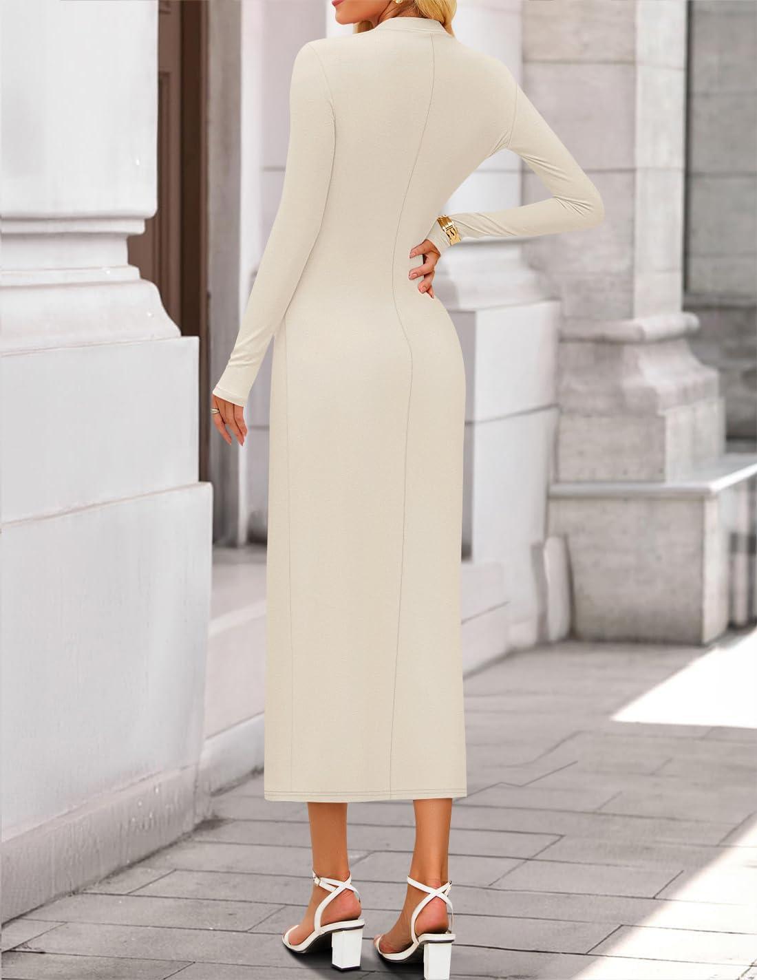 imageZESICA Womens 2026 Fall Long Sleeve Mock Neck Bodycon Midi Dress Ruched Knit Elegant Party Cocktail Formal DressesApricot