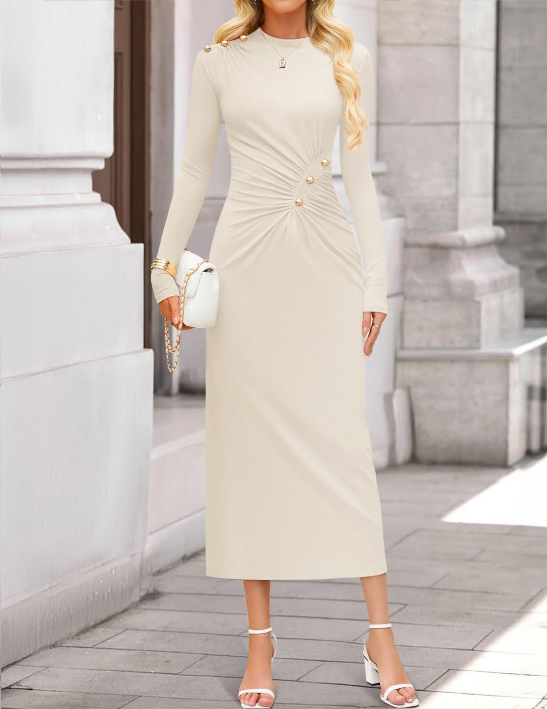 imageZESICA Womens 2026 Fall Long Sleeve Mock Neck Bodycon Midi Dress Ruched Knit Elegant Party Cocktail Formal DressesApricot