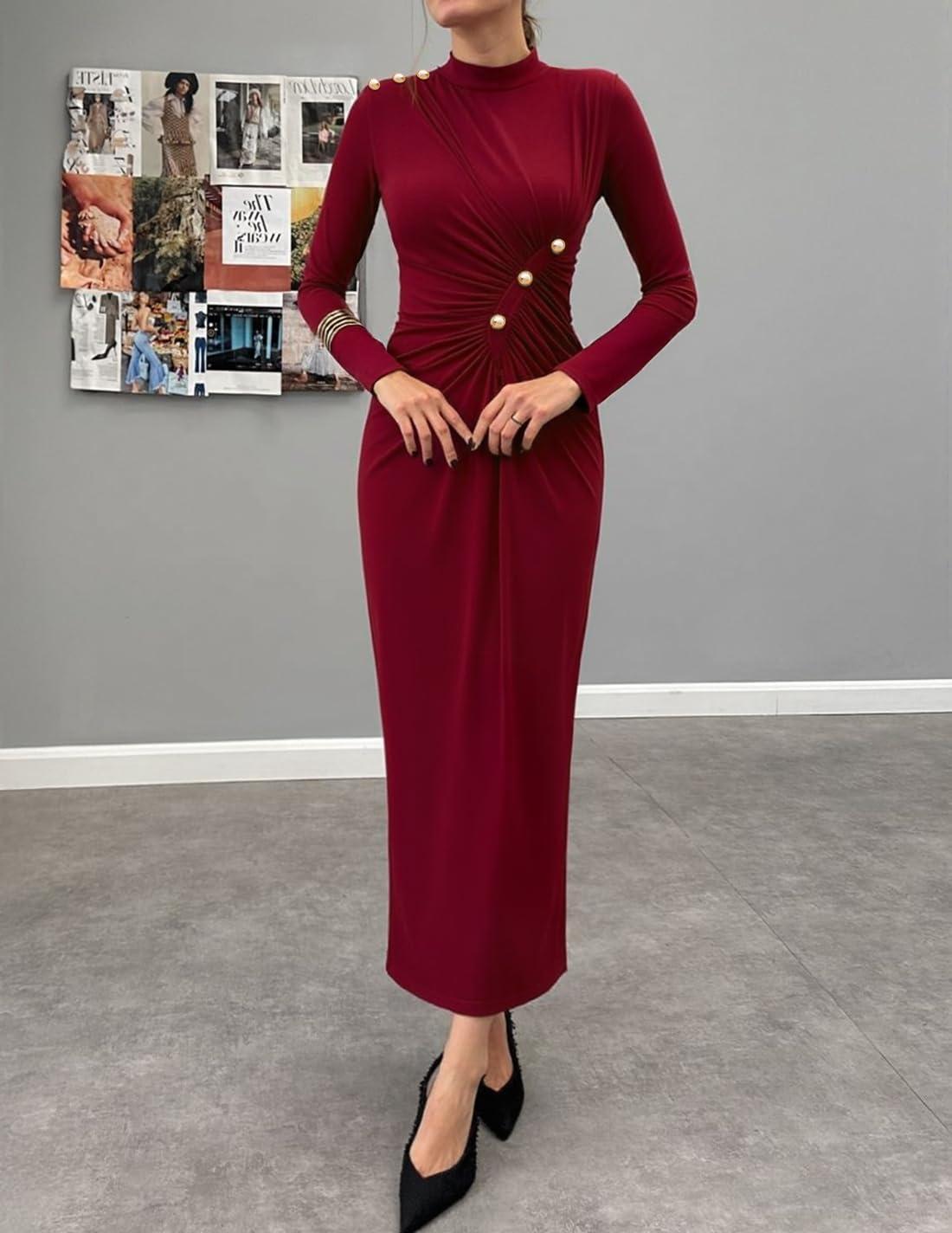 imageZESICA Womens 2026 Fall Long Sleeve Mock Neck Bodycon Midi Dress Ruched Knit Elegant Party Cocktail Formal DressesRed
