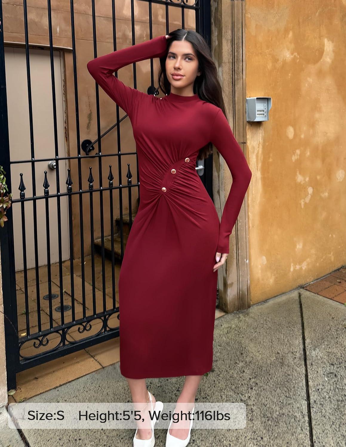 imageZESICA Womens 2026 Fall Long Sleeve Mock Neck Bodycon Midi Dress Ruched Knit Elegant Party Cocktail Formal DressesRed