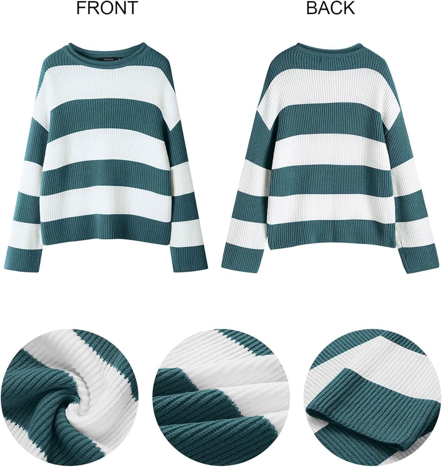 imageZESICA Womens 2026 Fall Long Sleeve Oversized Striped Color Block Comfy Loose Crew Neck Knitted Pullover SweaterGreygreen