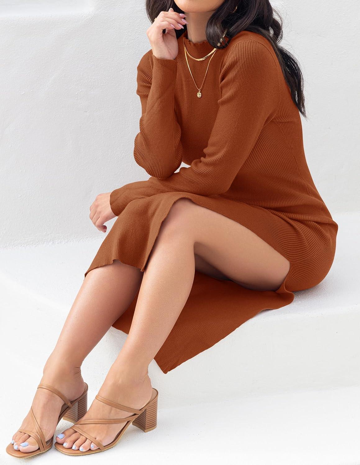 imageZESICA Womens 2026 Ribbed Knit Dress Long Sleeve Mock Neck Slim Fit Side Slit Fall Elegant Sweater DressesRust