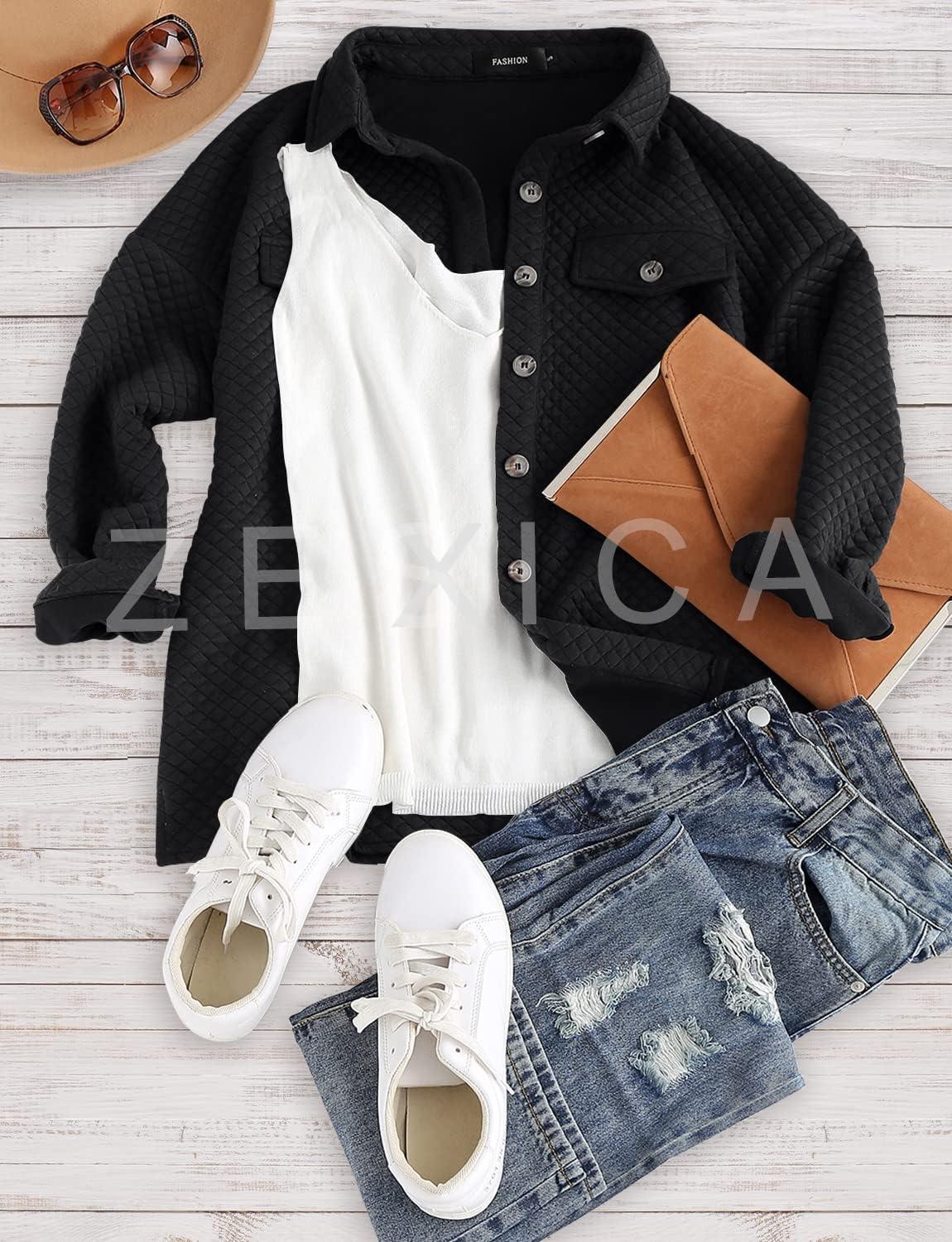 imageZESICA Womens 2026 Spring Casual Long Sleeve Button Down Loose Lightweight Shacket Shirt Jacket Coat Outerwear with PocketsBlack