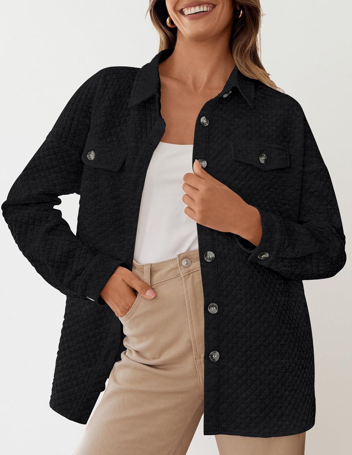 imageZESICA Womens 2026 Spring Casual Long Sleeve Button Down Loose Lightweight Shacket Shirt Jacket Coat Outerwear with PocketsBlack
