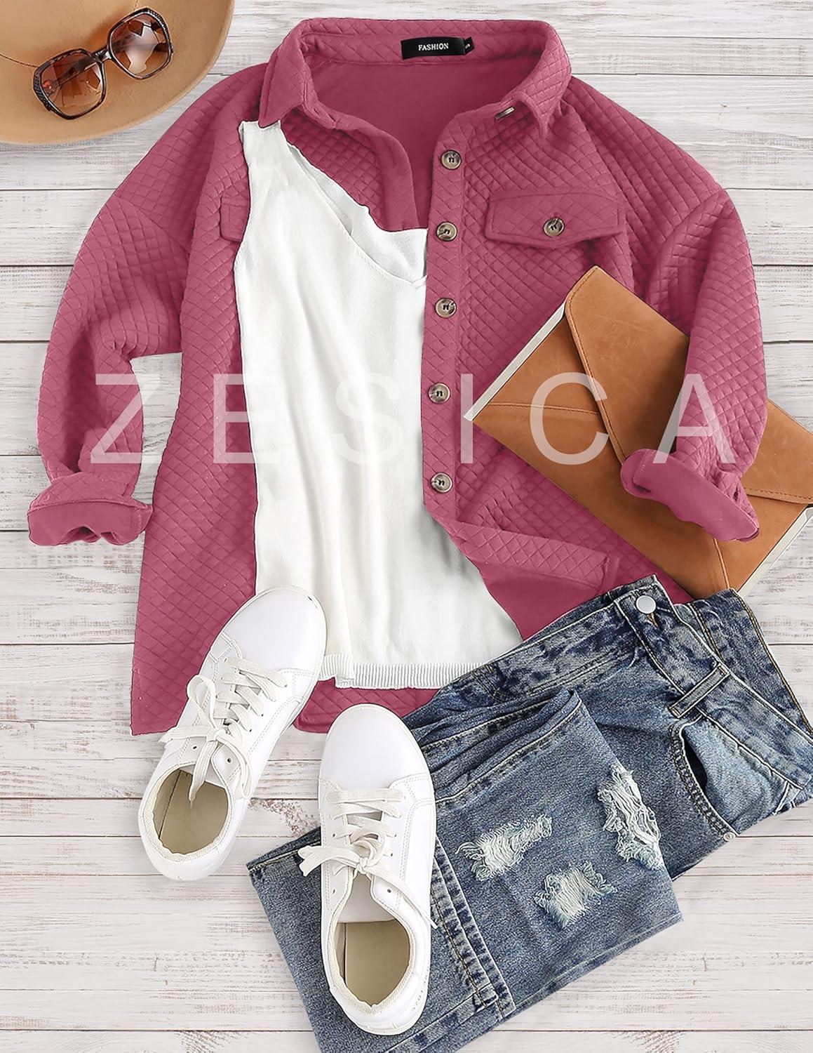imageZESICA Womens 2026 Spring Casual Long Sleeve Button Down Loose Lightweight Shacket Shirt Jacket Coat Outerwear with PocketsPlum