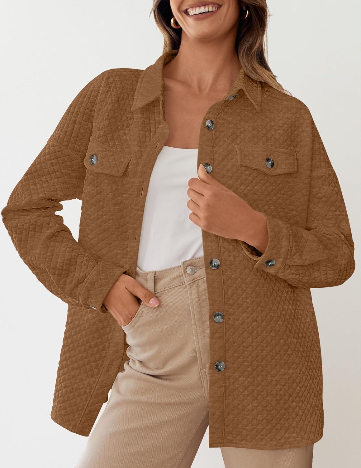 imageZESICA Womens 2026 Spring Casual Long Sleeve Button Down Loose Lightweight Shacket Shirt Jacket Coat Outerwear with PocketsTan