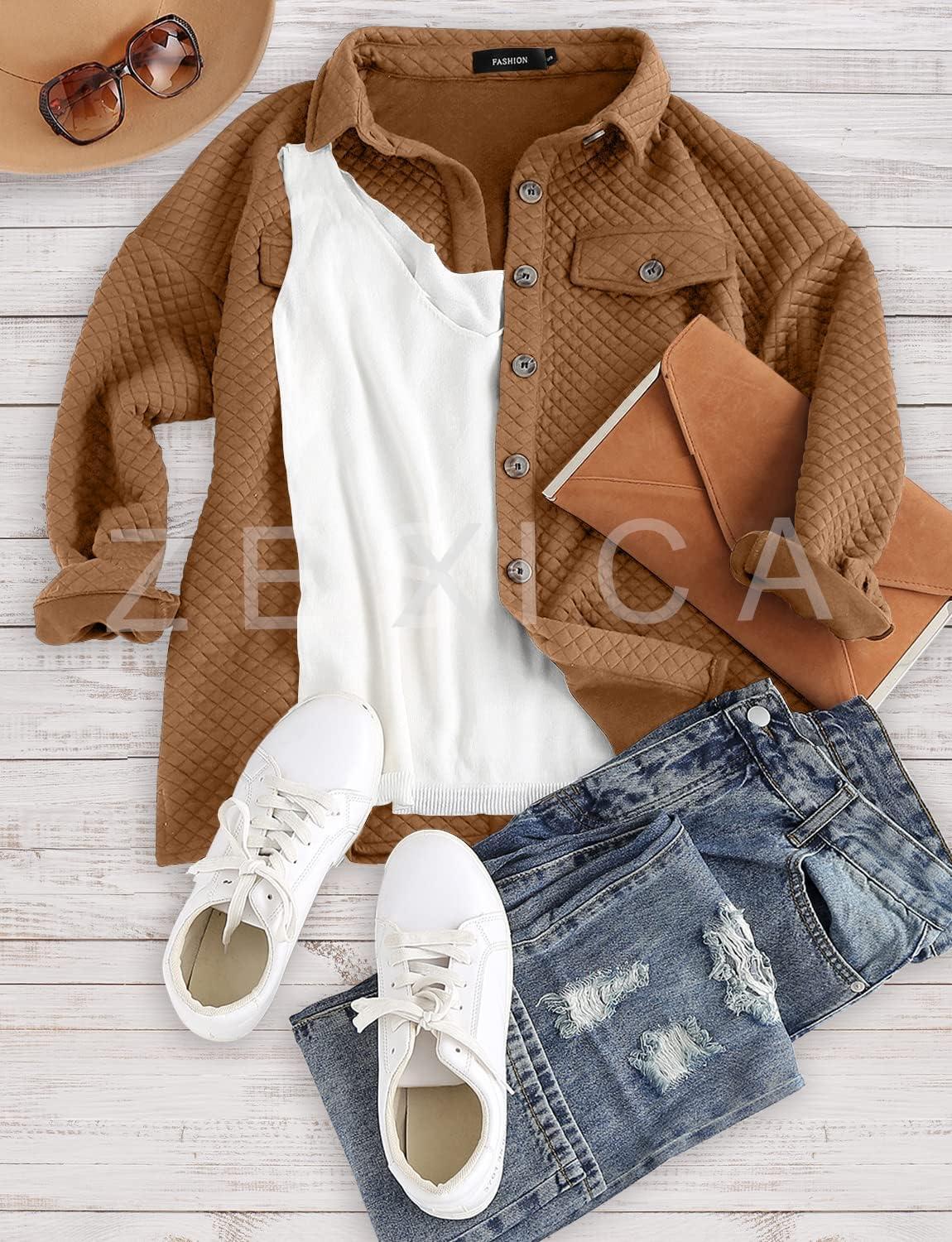 imageZESICA Womens 2026 Spring Casual Long Sleeve Button Down Loose Lightweight Shacket Shirt Jacket Coat Outerwear with PocketsTan