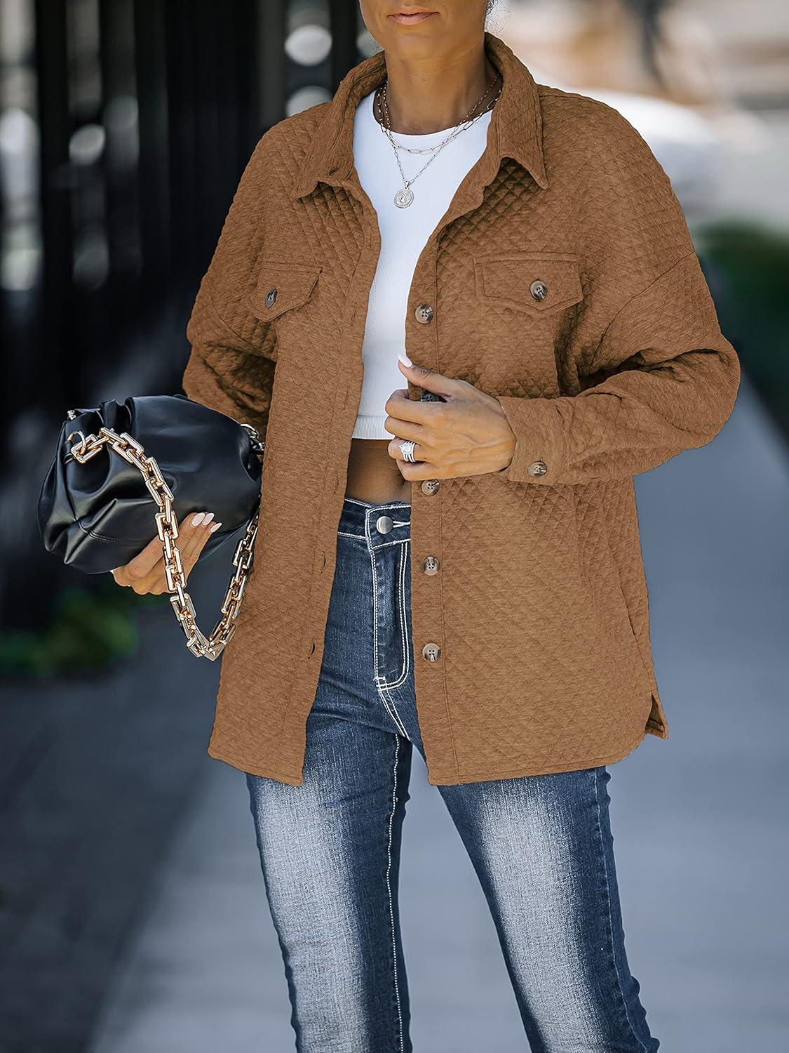 imageZESICA Womens 2026 Spring Casual Long Sleeve Button Down Loose Lightweight Shacket Shirt Jacket Coat Outerwear with PocketsTan