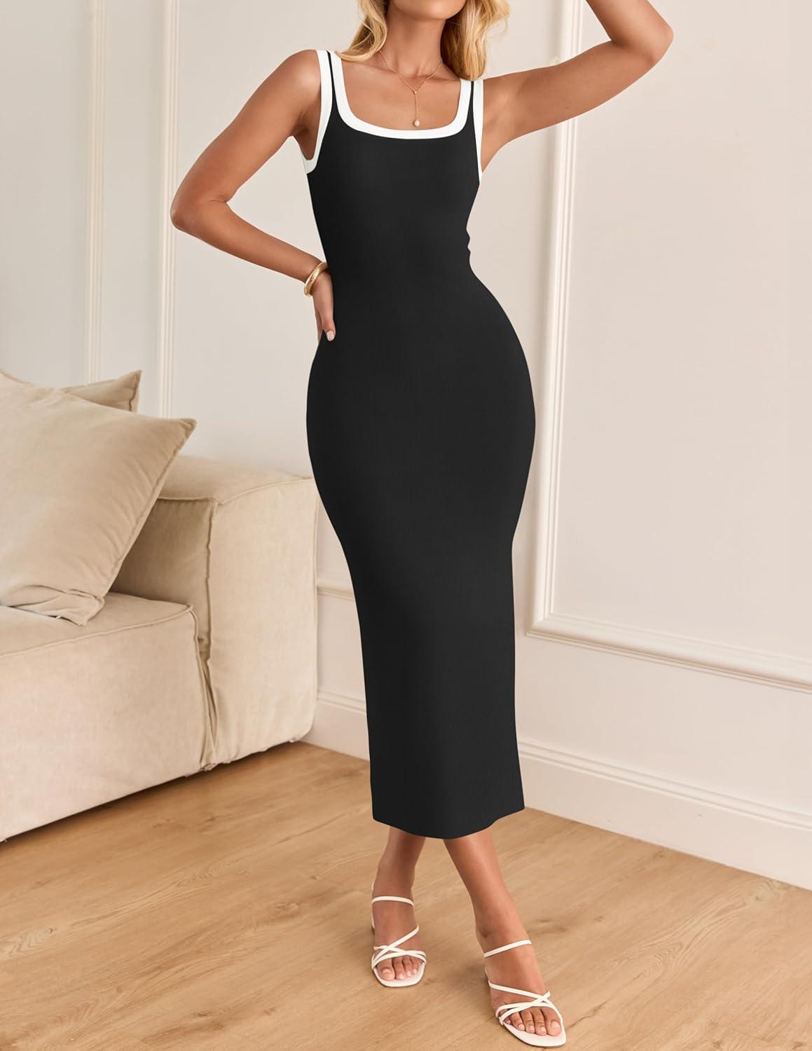 imageZESICA Womens 2026 Summer Bodycon Midi Dress Casual Sleeveless Square Neck Side Slit Knit Beach Vacation Long DressesBlack