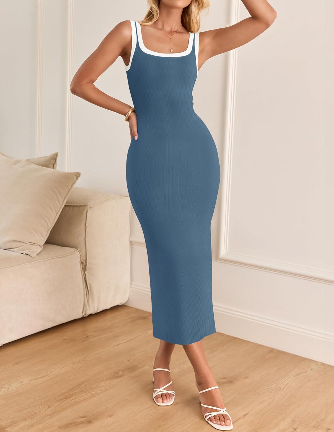 imageZESICA Womens 2026 Summer Bodycon Midi Dress Casual Sleeveless Square Neck Side Slit Knit Beach Vacation Long DressesDark Blue