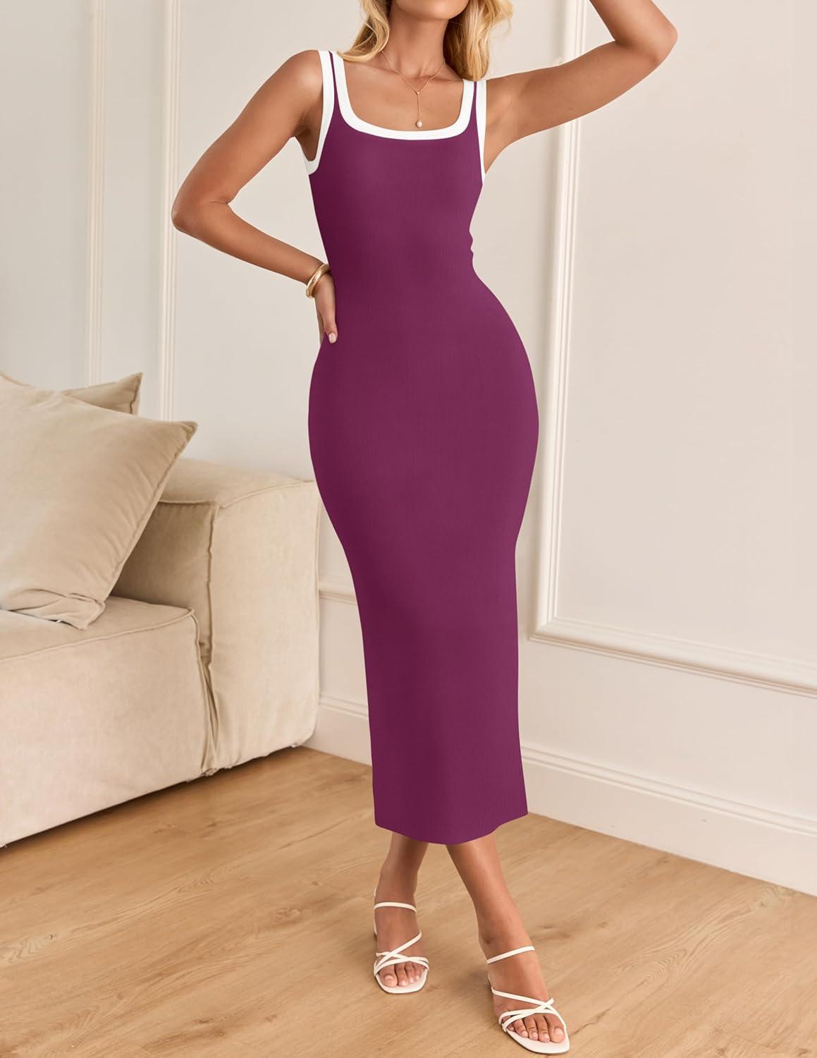imageZESICA Womens 2026 Summer Bodycon Midi Dress Casual Sleeveless Square Neck Side Slit Knit Beach Vacation Long DressesFuchsia