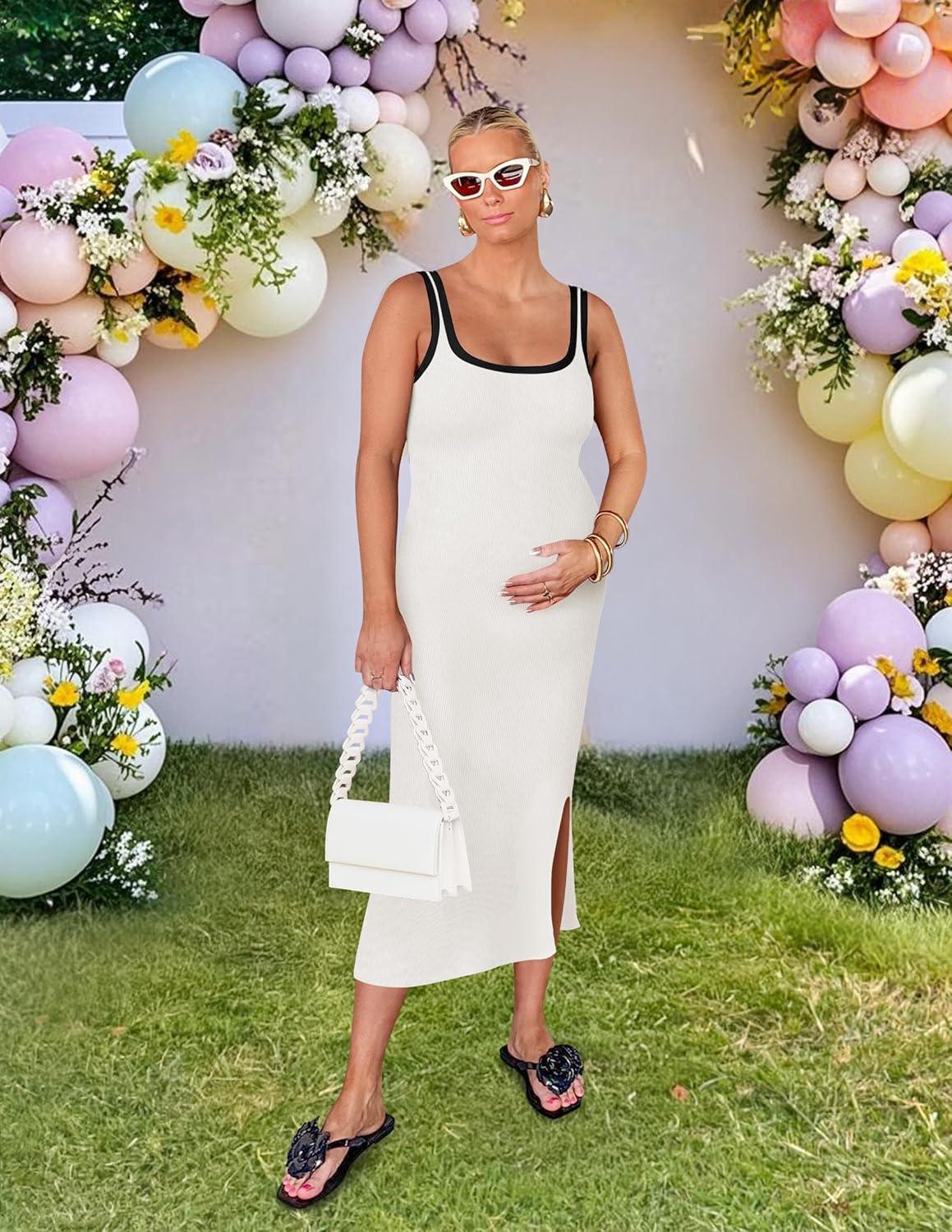 imageZESICA Womens 2026 Summer Bodycon Midi Dress Casual Sleeveless Square Neck Side Slit Knit Beach Vacation Long DressesWhite