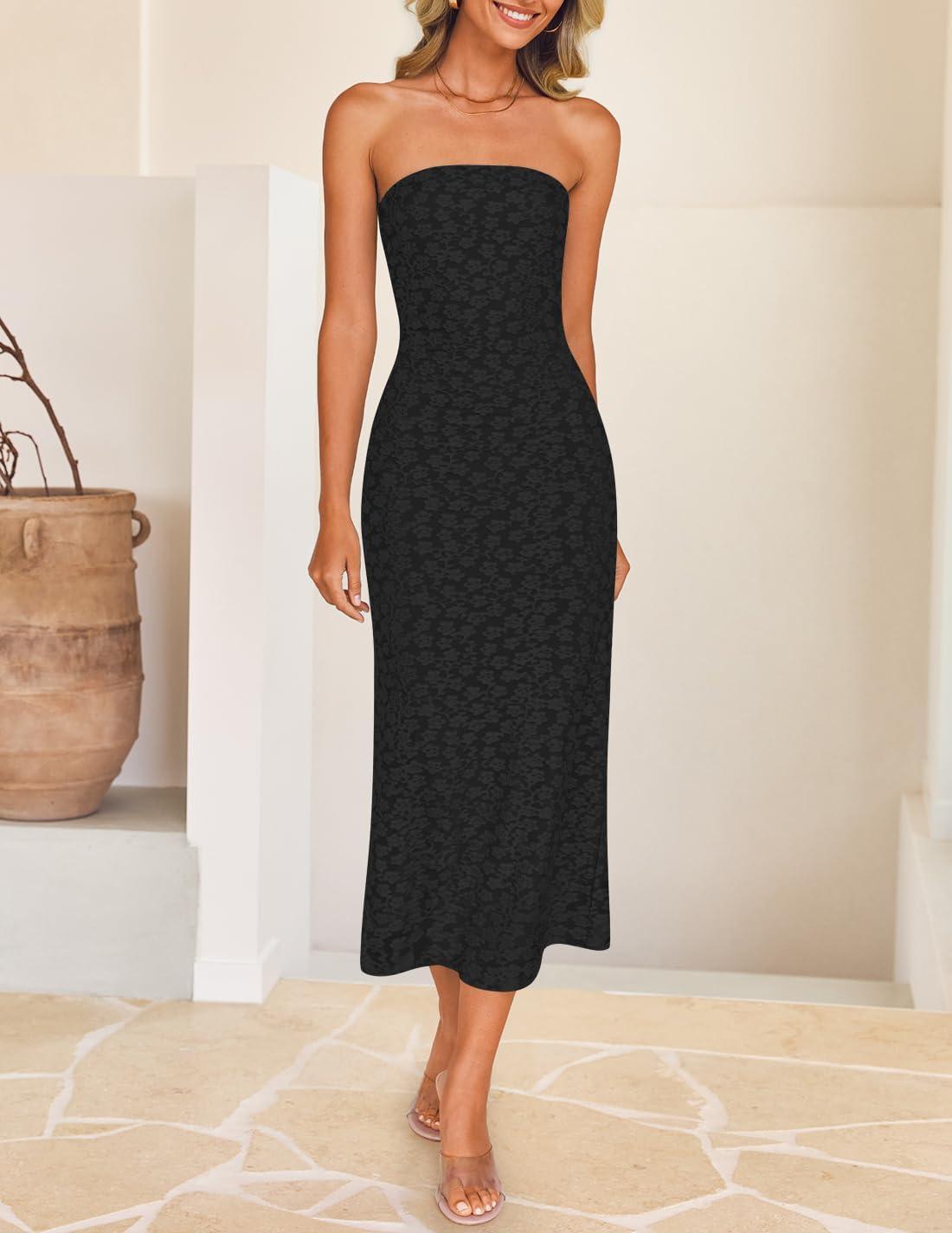imageZESICA Womens 2026 Summer Boho Floral Strapless Bodycon Midi Dress Off Shoulder Tube Beach Cocktail Party Long DressesBlack