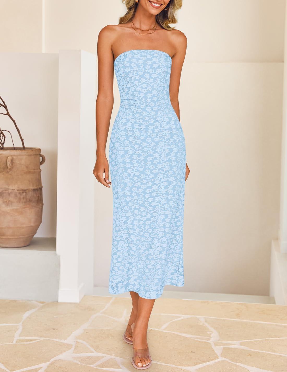 imageZESICA Womens 2026 Summer Boho Floral Strapless Bodycon Midi Dress Off Shoulder Tube Beach Cocktail Party Long DressesBlue