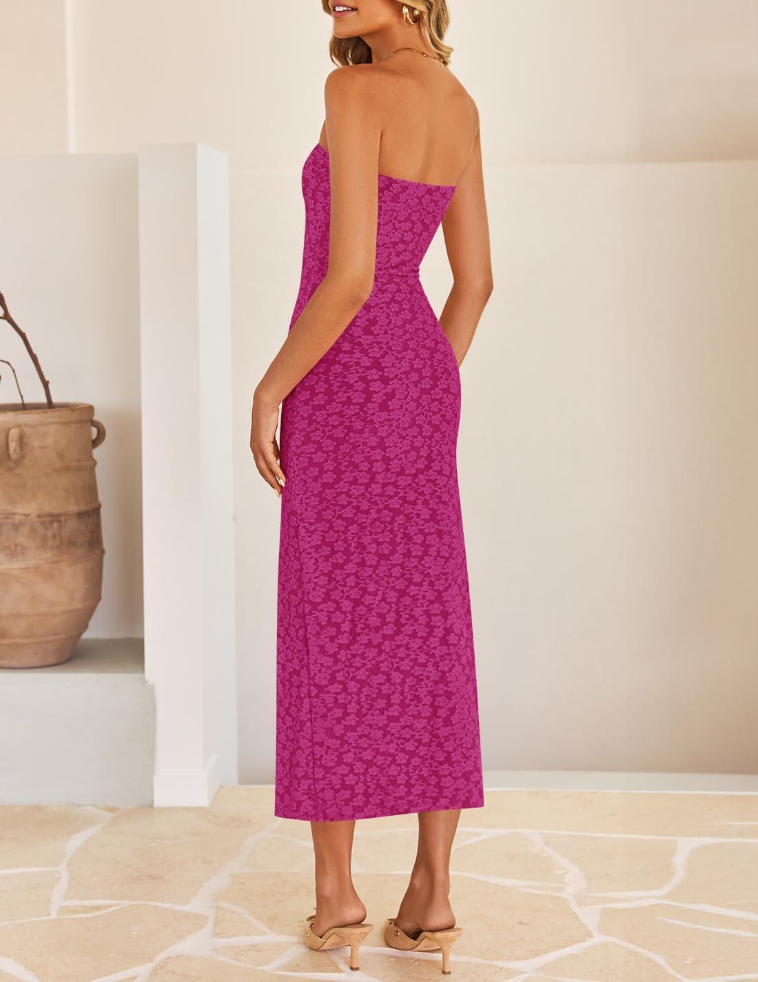 imageZESICA Womens 2026 Summer Boho Floral Strapless Bodycon Midi Dress Off Shoulder Tube Beach Cocktail Party Long DressesEggplant