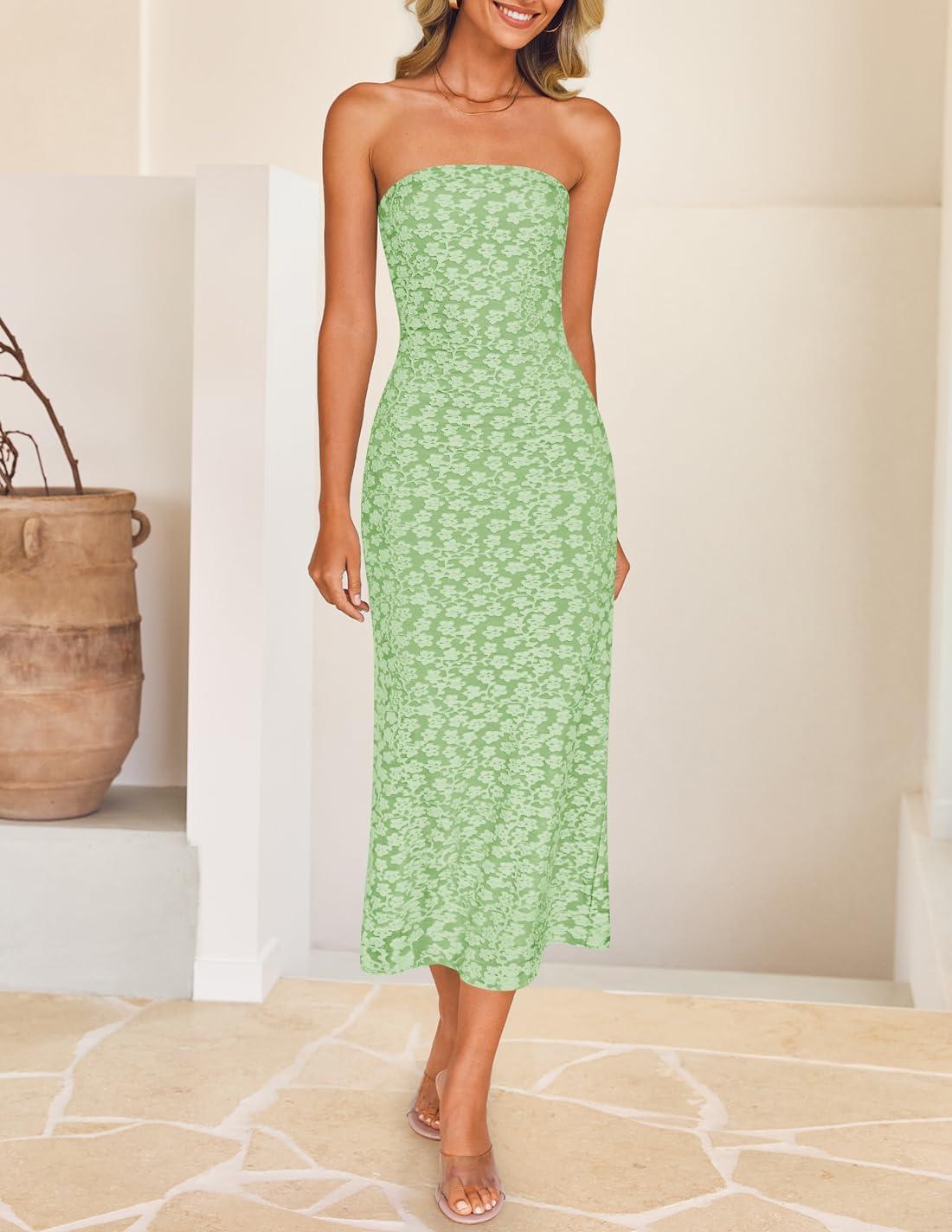 imageZESICA Womens 2026 Summer Boho Floral Strapless Bodycon Midi Dress Off Shoulder Tube Beach Cocktail Party Long DressesGreen