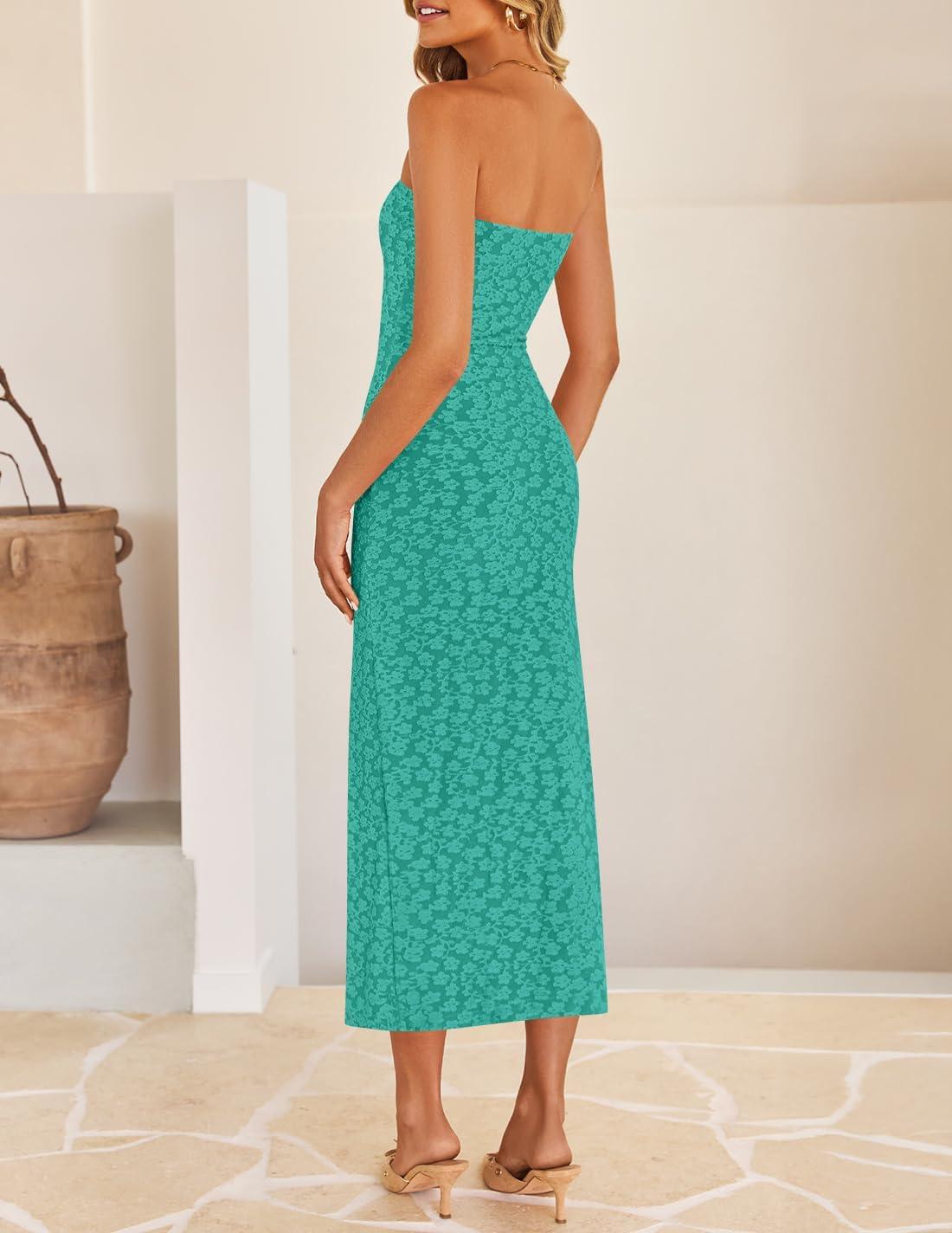 imageZESICA Womens 2026 Summer Boho Floral Strapless Bodycon Midi Dress Off Shoulder Tube Beach Cocktail Party Long DressesPeacock