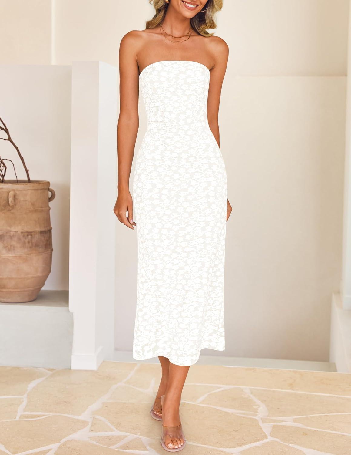 imageZESICA Womens 2026 Summer Boho Floral Strapless Bodycon Midi Dress Off Shoulder Tube Beach Cocktail Party Long DressesWhite