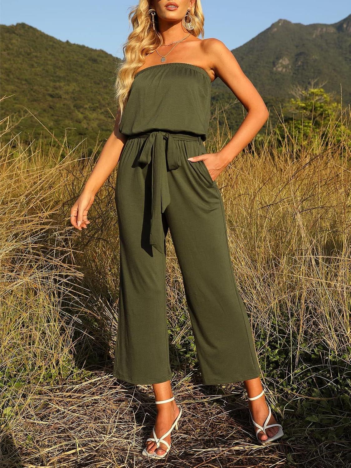 imageZESICA Womens Casual Off Shoulder Solid Color Strapless Belted Wide Leg Jumpsuit RomperArmy Green