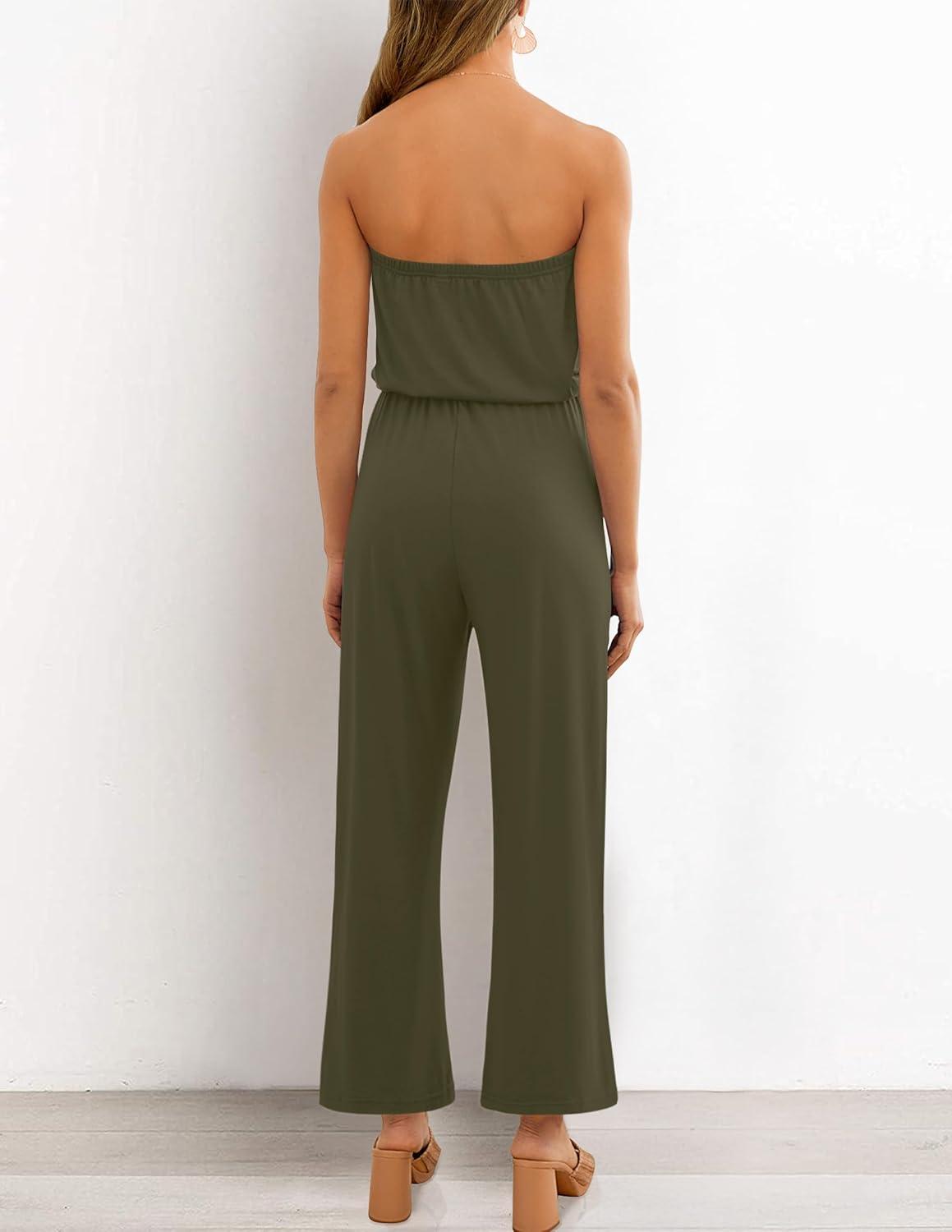 imageZESICA Womens Casual Off Shoulder Solid Color Strapless Belted Wide Leg Jumpsuit RomperArmy Green