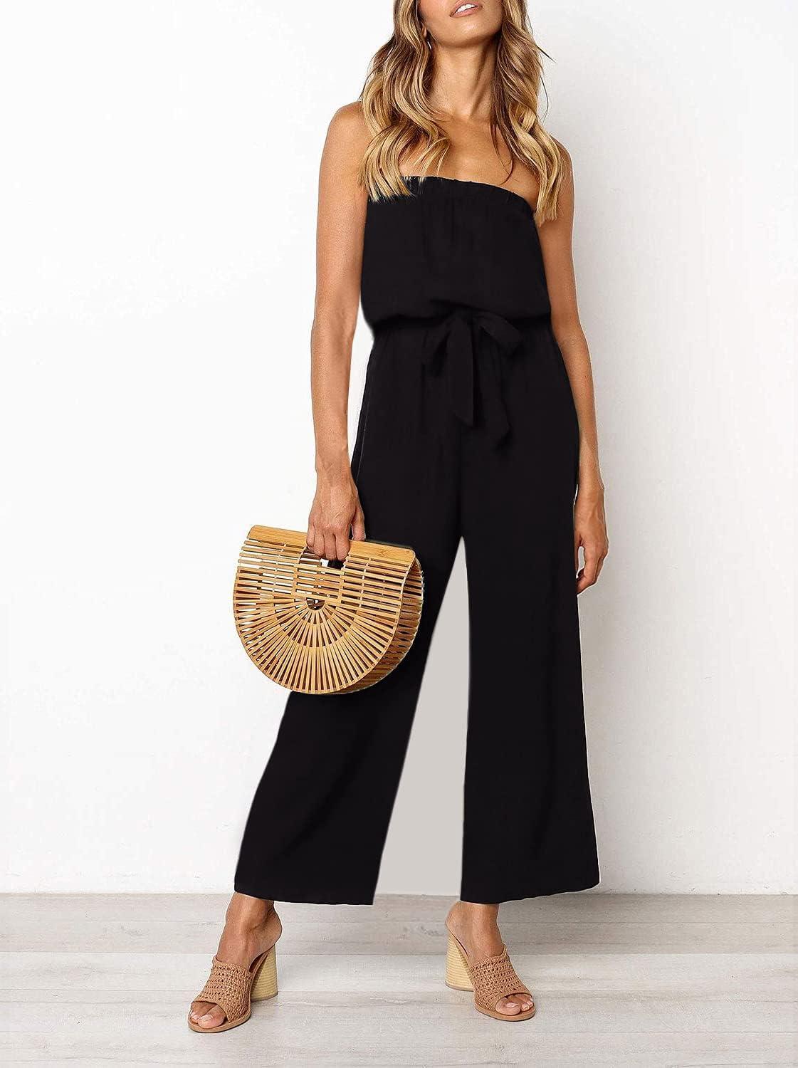 imageZESICA Womens Casual Off Shoulder Solid Color Strapless Belted Wide Leg Jumpsuit RomperDarkblack