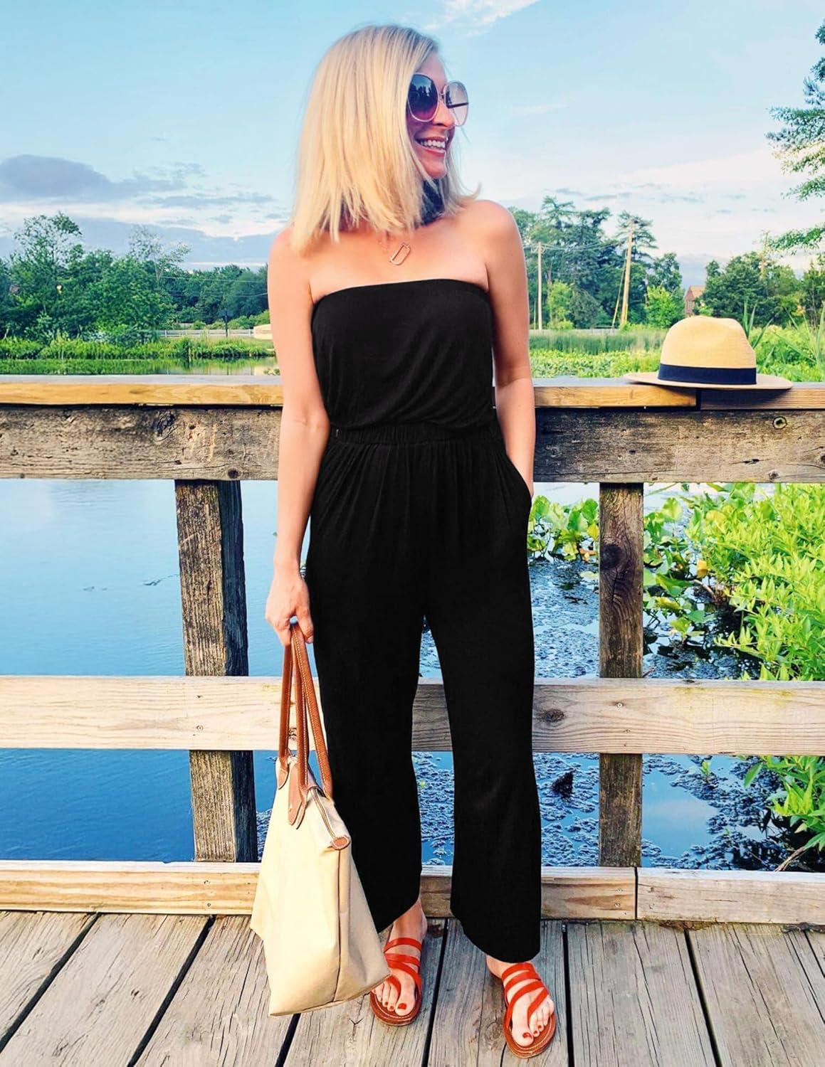 imageZESICA Womens Casual Off Shoulder Solid Color Strapless Belted Wide Leg Jumpsuit RomperDarkblack