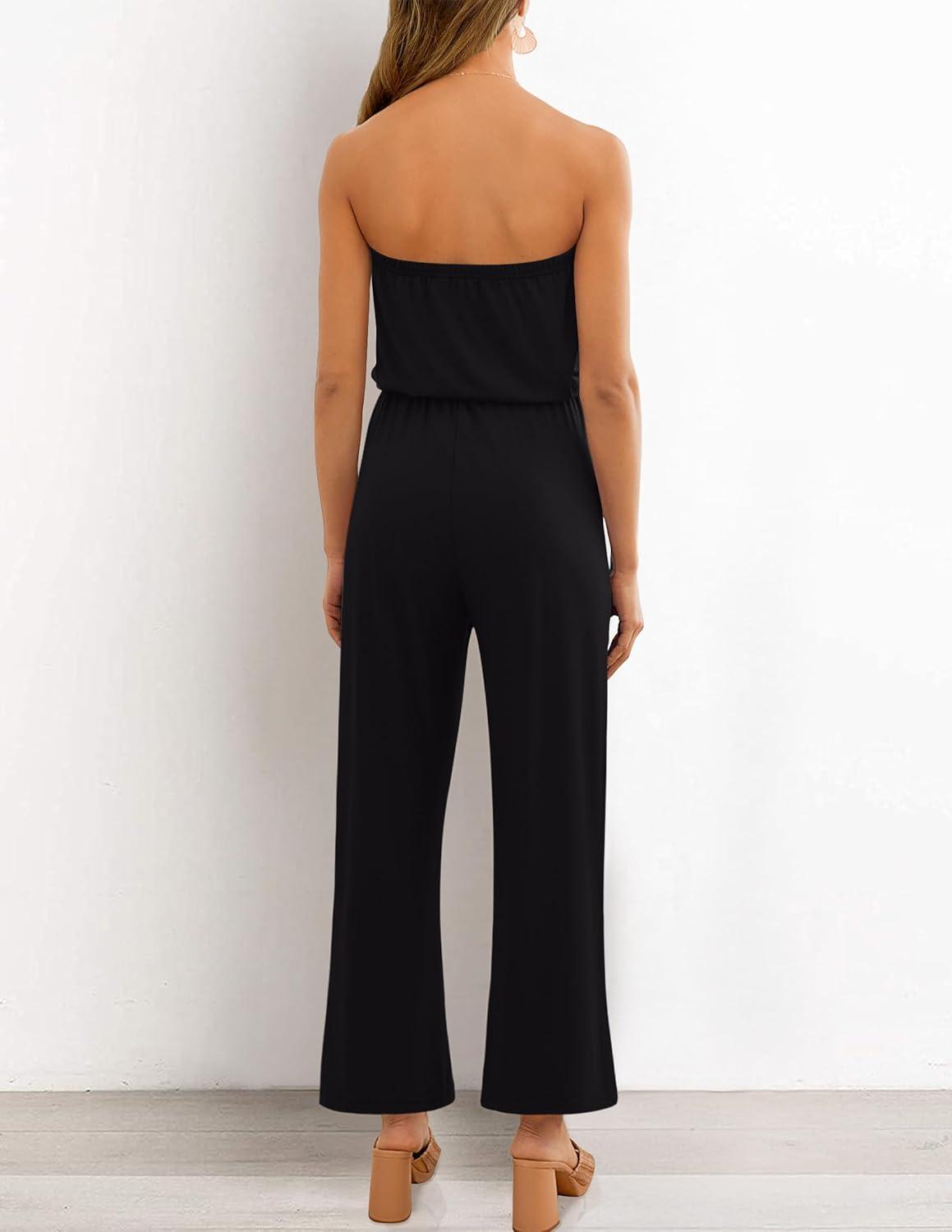 imageZESICA Womens Casual Off Shoulder Solid Color Strapless Belted Wide Leg Jumpsuit RomperDarkblack